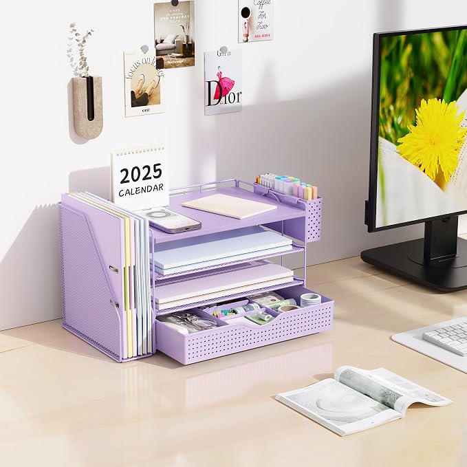 gianotter Wood Desk Organizers and Accessories with File Holder, 4-Tier Desk Accessories & Workspace Organizers with Drawer and Pen Holder, Desk Reference Organizer (Purple, 4T with Drawer) - Image 3