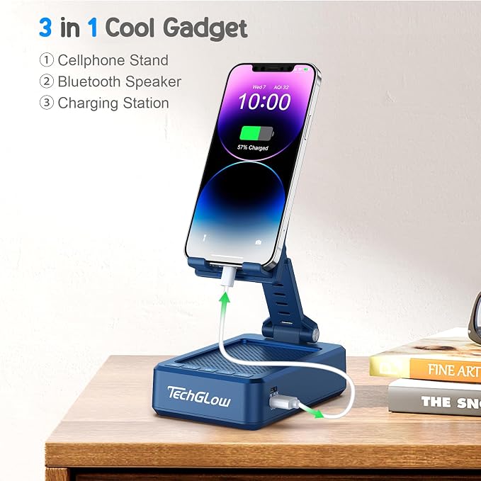 TechGlow Gifts for Men Women Foldable Cellphone Stand with Bluetooth Speaker and Charging Funtion Birthday Gift Idea for Mom Dad Cool Gadget Tech Gifts-Blue - Image 2