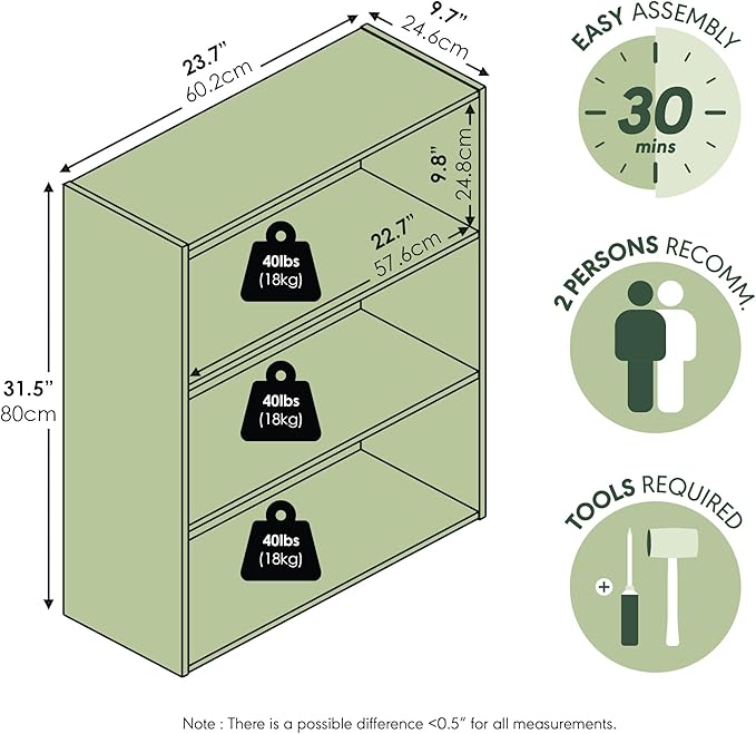 Furinno PASIR Book Shelf, 3-Tier Bookshelf, Storage Shelves Bookcase, 9.7 x 23.7 x 31.5, for Living Room, Bedroom, Home Office, Amber Pine - Image 4