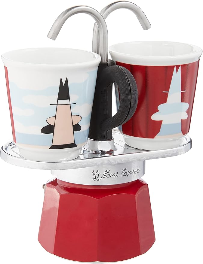 Bialetti - Mini Express Magritte: Moka Set includes Coffee Maker 2-Cup (2.8 Oz) + 2 shot glasses, Red, Aluminium by Bialetti