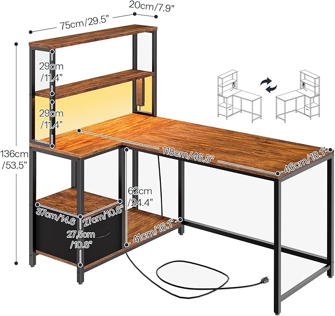 HOOBRO L Shaped Gaming Desk, 46 Inch Reversible Computer Desk with LED Light & Power Outlet, Office Desk with Storage Shelves & Drawer, for Home Office, Study, Rustic Brown and Black BF18UDDN01 - Image 3