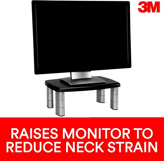 3M Adjustable Monitor Stand, Three Leg Segments, Simply Adjust Height from 1" to 5 7/8", Holds Up to 80 lbs, 11" Space Between Columns, Silver/Black (MS80B) - Image 3