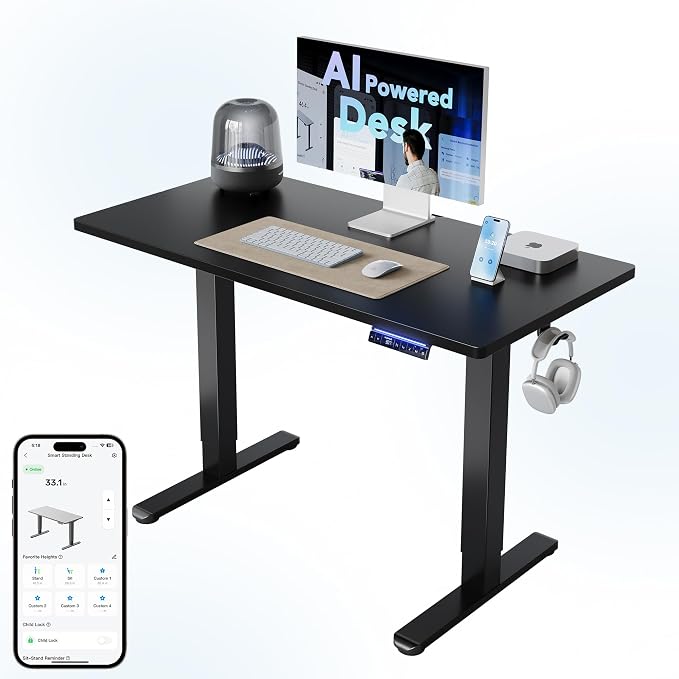 HUANUO One-Piece AI-Powered Electric Standing Desk, Smart APP, Work with Alexa & Google, Adjustable Height, 3 Memory Settings, Sedentary Reminder, Ergonomic Sit-Stand Desk, 48-inch, Black by HUANUO
