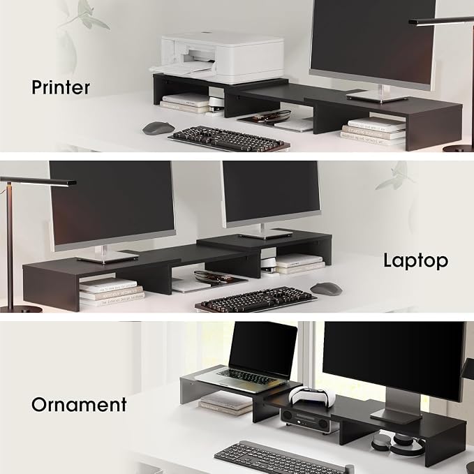 FITUEYES Dual Monitor Stand Riser, Adjustable Length and Angle, Black | Wooden 3-Shelf Design, Supports up to 55lbs, Flexible for Standard Corner Space, Holds Monitor, Laptop, Phone, Printer - Image 6