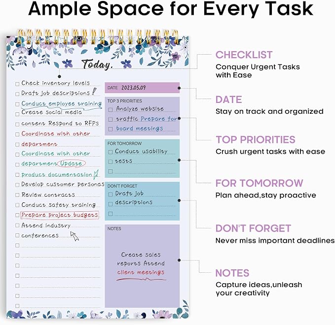 Taja To Do List Notepad, Undated Daily Planner for Work and Goal Setting | VioletBloom, 52 Sheets, 9.8" x 6.5" , for Office, Home and school, Daily Task Planning, Notes and Everyday Organization - Image 2