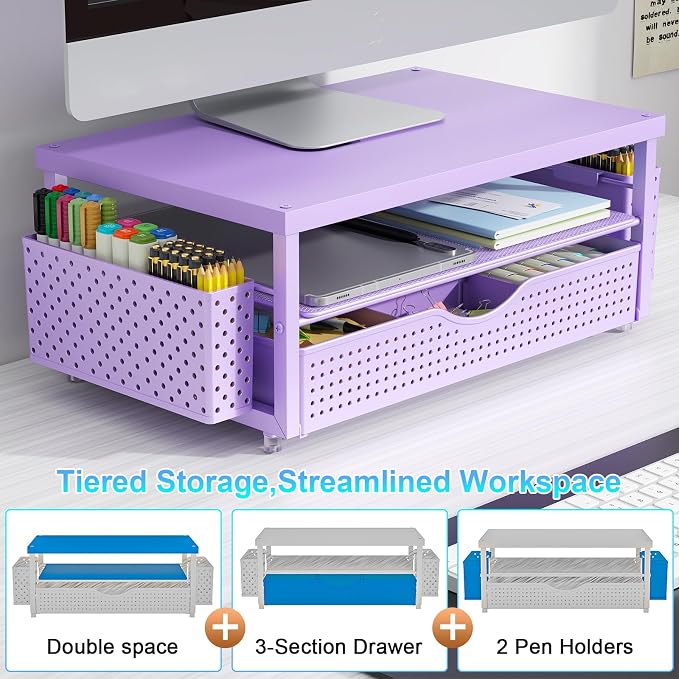 gianotter Desk Organizers and Accessories, Monitor Stand with Drawer and 2 Pen Holder, Desktop Organizer Suitable for Offices and Dormitories (Purple-Plain) - Image 6