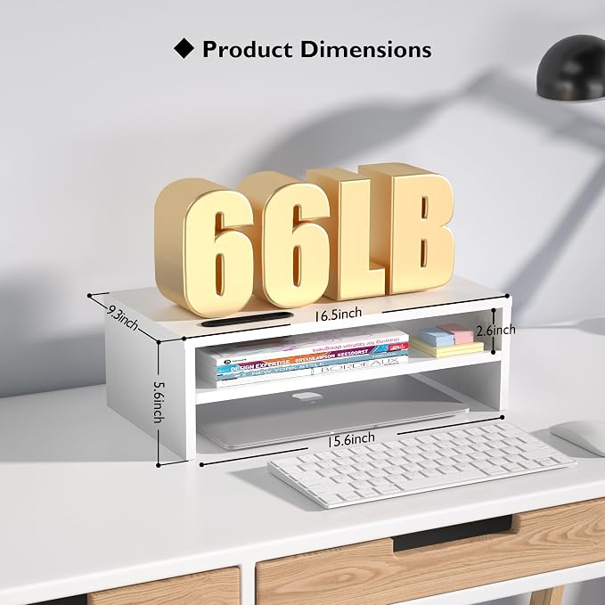 BONTEC Wooden Monitor Stand Riser for Desk, 2-Tier Computer Monitor Stand with Storage, 66 lbs Desk Shelf Organizer, Laptop & Printer Stand with Phone Holder and Cable Management, White, 16.5 Inch - Image 5