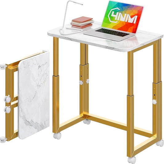 4NM No Tool Assembly 23.6" Small Desk, Folding Portable Desk with Wheels, Adjustable Height Foldable Computer Home Office Desks, Collapsible Study Writing Table for Space Saving Bedroom - White Gold by 4NM