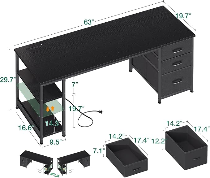 AODK 63 Inch Computer Desk with Drawers & USB Power Outlets | Reversible Home Office Desk with Storage Shelves, Work from Home, Modern Work/Writing/Study Table for Bedroom, Black - Image 3