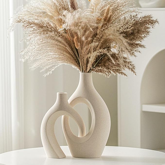 Lvases Snuggle Hollow Ceramic Vase Set of 2, Boho ins Style Round Nordic Mid Century Modern Aesthetic Decorative Vase for Home Decor (Cream W 6.8" X H 11") by modernhomedecoration
