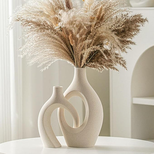Lvases Snuggle Hollow Ceramic Vase Set of 2, Boho ins Style Round Nordic Mid Century Modern Aesthetic Decorative Vase for Home Decor (Cream W 6.8" X H 11") by modernhomedecoration