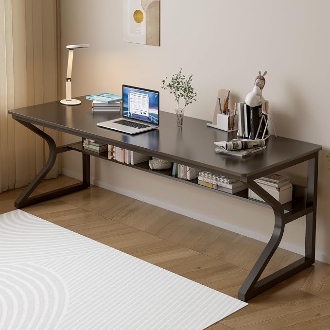 OSCHF 71-Inch Extra Long Desk with Storage Shelf, Black | Double Long Writing Table, Space-saving, 2-Person Workstation, Modern Study Work Computer Desk, For Home Office by OSCHF