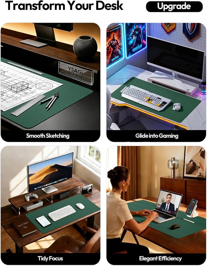 YSAGi Leather Desk Pad Protector, Office Desk Mat, Large Mouse Pad, Non-Slip PU Leather Desk Blotter, Laptop Desk Pad, Waterproof Desk Writing Pad for Office and Home (Seafoam Green, 31.5" x 15.8") - Image 2
