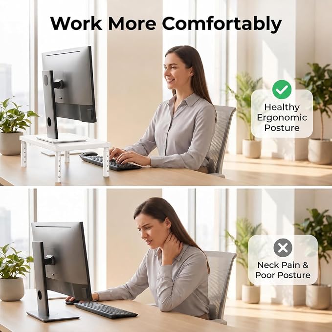 OPNICE Monitor Stand Riser for Desk, Adjustable Computer & Laptop Stand, Desk Organizer for Monitor, Laptop, PC, Printer, Office Desk Accessories for Home & Office, White Wood - Image 6