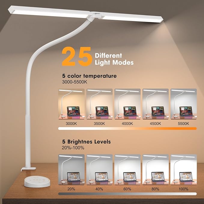 Pzloz Led Desk Lamp for Office Home - Eye Caring Architect lamp with Clamp,Dual Screen Computer Monitor Work Smart Light: 24W 5 Color Flexible Adjustable Lighting Table Lamp for Study White - Image 3