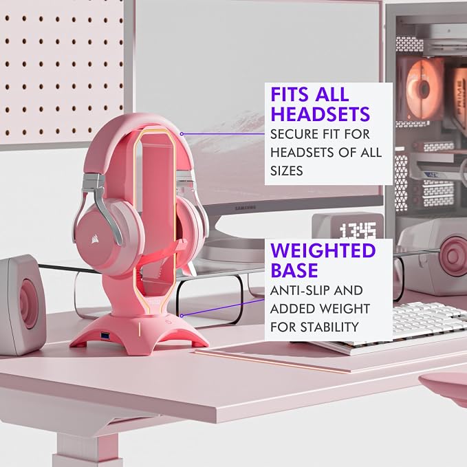 Tilted Nation Cute Headphone Stand Pink | Headset Stand with RGB, Mouse Bungee Holder, and 2 Port USB Hub Charger - Desk Gaming Accessories - Image 6