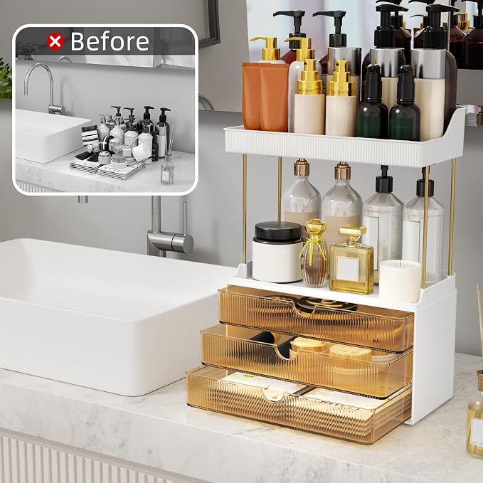StorBin Arcylic 5-Tier Makeup & Skincare Organizer for Vanity, Bath | Smooth 3 drawers, clear body, gold frame, non-slip, for perfumes, serums, face masks, palettes, vanity & bath counter,Amber - Image 4