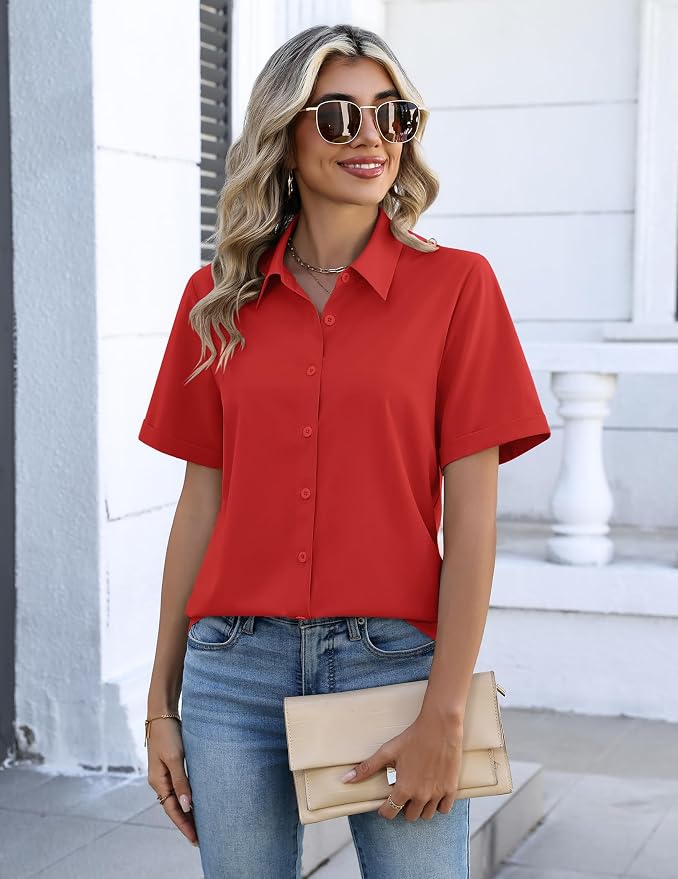 Zeagoo Button Down Shirts for Women Short Sleeve Collared Tops Dressy Casual V Neck Blouses - Image 2