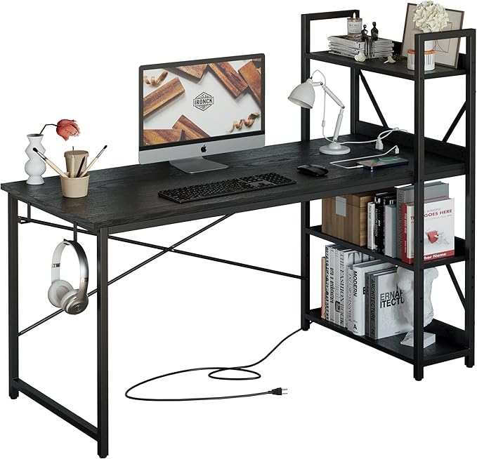 IRONCK Computer Desk 55" with Power Outlet and Storage Shelves, Study Writing Table with USB Ports Charging Station, PC Desk Workstation for Home Office, Black by IRONCK