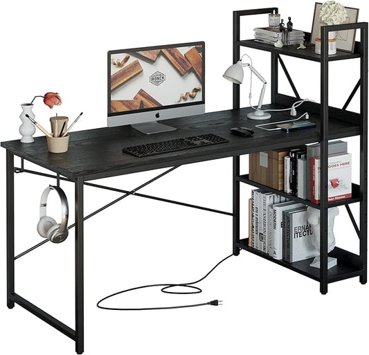 IRONCK Computer Desk 55" with Power Outlet and Storage Shelves, Study Writing Table with USB Ports Charging Station, PC Desk Workstation for Home Office, Black by IRONCK
