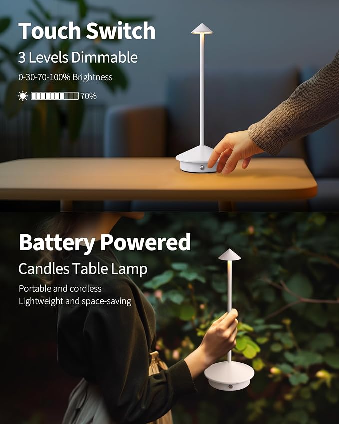 Modern Cordless Table Lamp Set of 2, White Portable LED Desk Lamps | 5000mAh, Rechargeable, Battery Operated Lighting for Bedroom, Dining Room, Restaurant, Coffee Shop, Camping, Night Light - Image 4