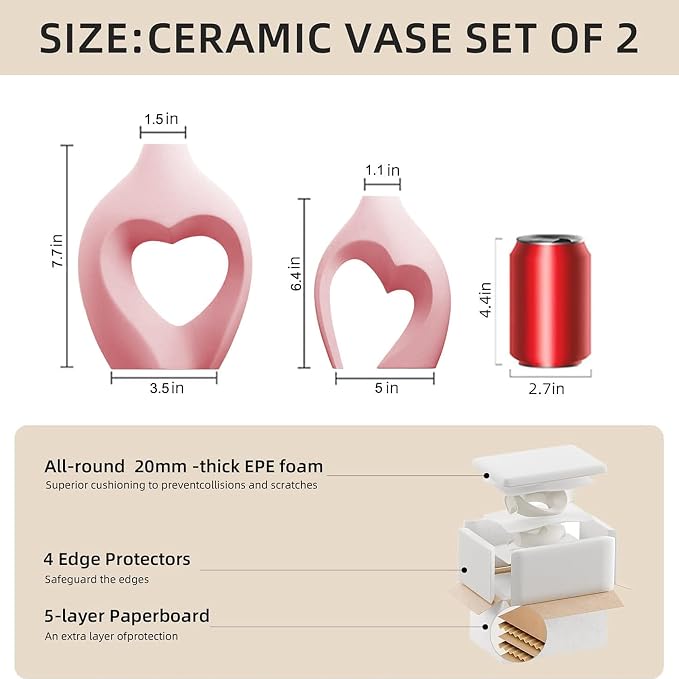 Ceramic Flower Vases Table Decor Heart Shaped Vase Set of 2 Pink | Nordic Heart Shaped Vases Minimalist Decorative Vase for Table Centerpiece Wedding Dining Living Room Office House Decoration - Image 2