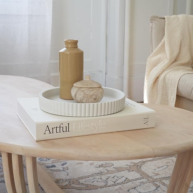 Decorative Concrete Tray & Book Decor Set - Scalloped Tray & Linen Box Enhance Your Coffee Table or Bookshelf Decor - Stylish Home Decoration for Your Living or Dining Room & as a Housewarming Gift - Image 6