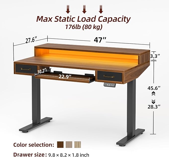 TIQLAB Standing Desk with Two Drawers, Stand Up Standing Desk Adjustable Height, Electric Sit Stand Table with Storage Shelf and Splice Board, with LED Light, 47 * 28 inch, Black Walnut - Image 3