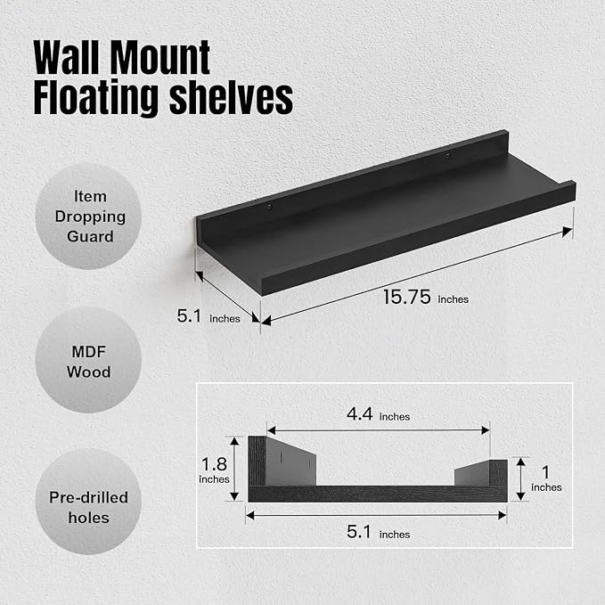 RICHER HOUSE 8-Set Floating Shelves with Lip, Black Wall Mounted Wood Shelf | Display Picture Ledge Shelf, Anti-drop lip Shelf for Room Wall Decor, Bedroom Bathroom Storage Nursery Hanging Book Shelves - Image 3