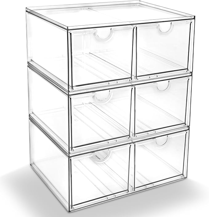 Prsildan 6 Small Drawers Stackable Storage Drawer Clear Acrylic Organizer | Makeup Organizers, Vanity Bathroom Kitchen Cabinets Under Sink Home Organization, 3 Pack by Prsildan
