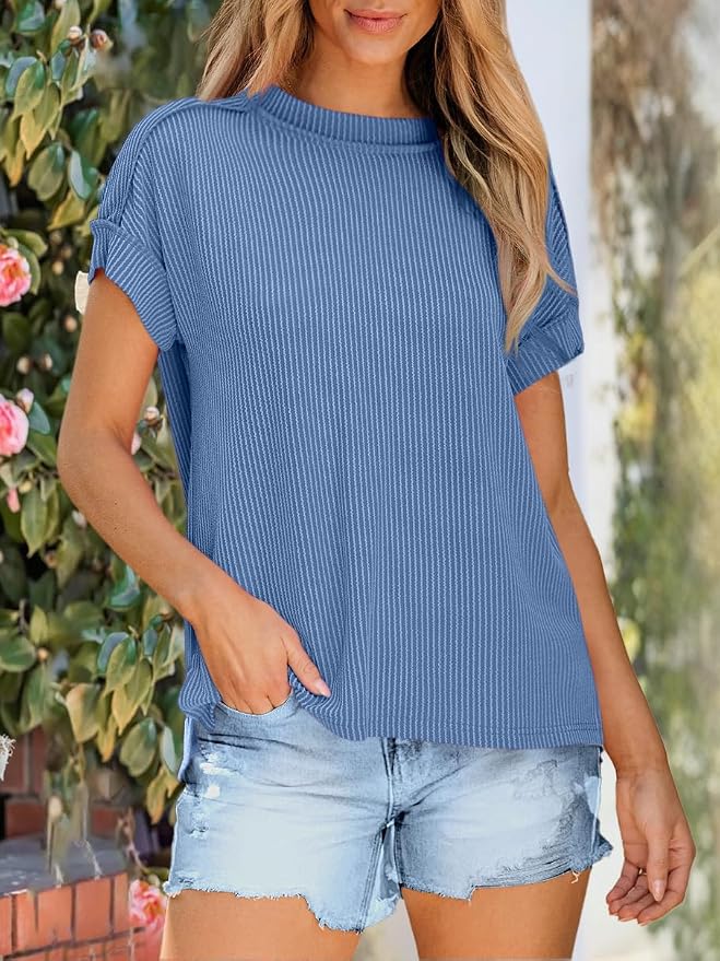 ANRABESS Womens Short Sleeve Crewneck Shirts Ribbed Knit High Low Hem T Shirt 2026 Summer Spring Casual Tops Trendy Clothes - Image 2