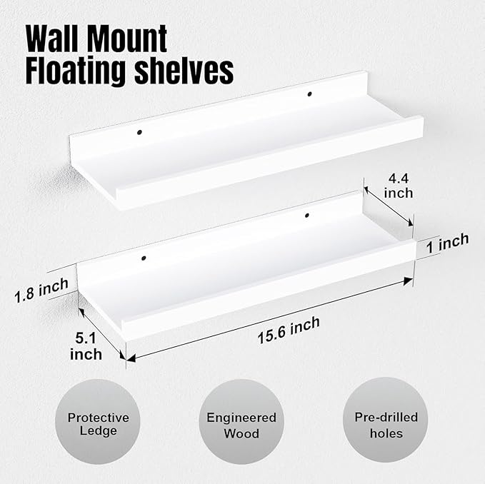 RICHER HOUSE 5-Set Floating Shelves with Lip, White Wall Mounted Wood Shelf | Display Picture Ledge Shelf, Anti-drop lip Shelf for Room Wall Decor, Bedroom Bathroom Storage Nursery Books, Easy Setup 16in - Image 3
