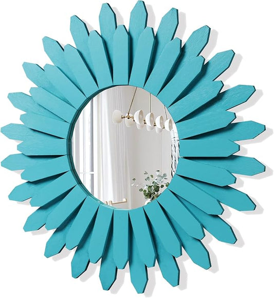 Honiway Beach Wall Decor Mirror 21 inch Wood Coastal Wall Decor Sunburst Boho Home Decor Room Decor for Bedroom Living Room Entryway Cyan by Honiway