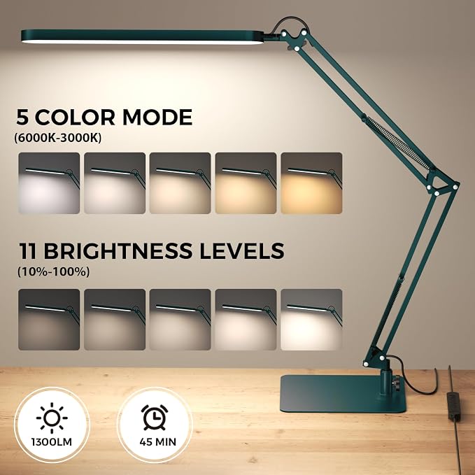 SKYLEO LED Desk Lamp with Slim Base - Adjustable Swing Arm Desk Light, Dimmable, Timer, Eye Protection, Memory Function, 1300LM, 12W, Green - Image 2
