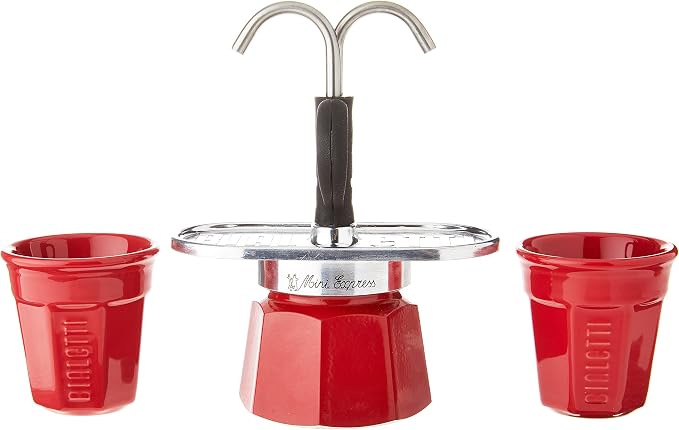 Bialetti - Mini Express Color: Moka Set includes Coffee Maker 2-Cup (2.8 Oz) + 2 shot glasses, Red, Aluminium - Image 3