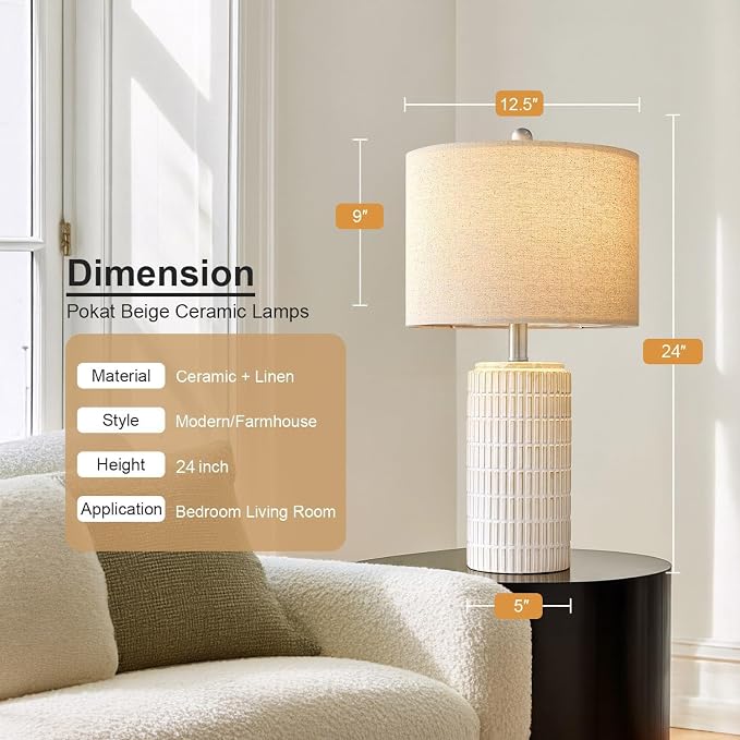 PoKat 24" Modern Ceramic Table Lamps Set of 2 for Bedroom, White Bedside Lamps for Night Stands, Farmhouse Desk Decor Nightstand Table Lamps for Living Room End Table Beige - Image 3
