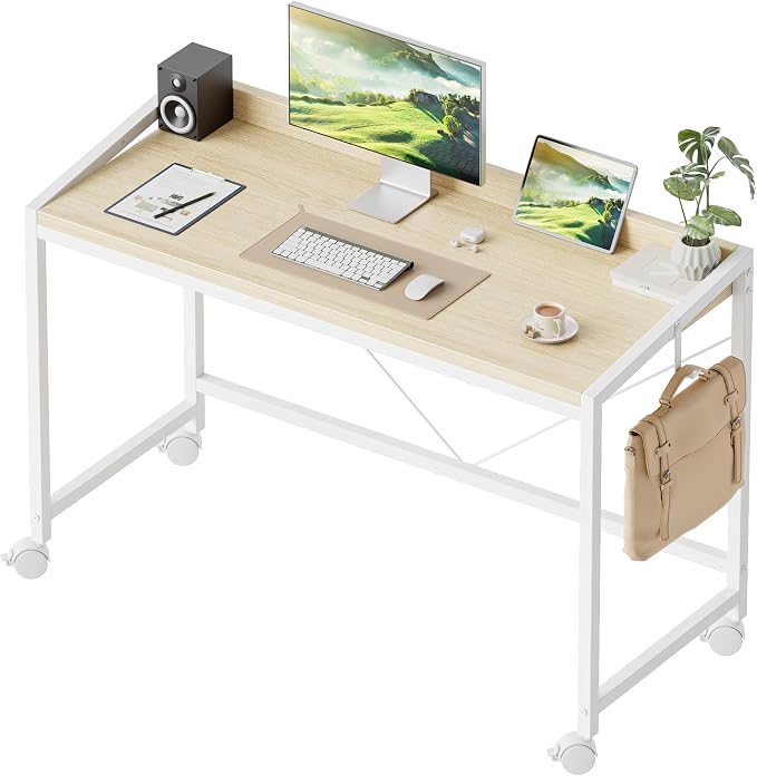 Mericonia 47x20 Inch Small Computer Desk with Wheels & Rear Lip | Simple Rolling Desk, Writing Table for Home Office Bedroom Work Study, Oak by MERICONIA