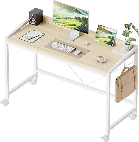 Mericonia 47x20 Inch Small Computer Desk with Wheels & Rear Lip | Simple Rolling Desk, Writing Table for Home Office Bedroom Work Study, Oak by MERICONIA