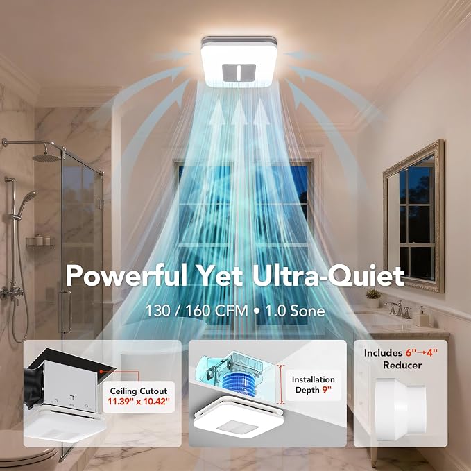 OREiN Matter Smart Bathroom Fan with Light – Humidity Sensor, 130–160 CFM Ventilation, Ultra-Quiet 1.0 Sone, Tunable White & Custom RGB, Dual Bluetooth Speakers, Compatible with Alexa & Google Home - Image 3