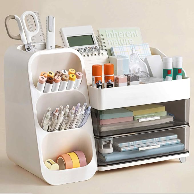 HBlife Desk Organizer with Pen Pencil Holder for Desk, Pen Organizer with 2 Drawers, Desk Organizers and Accessories with 4 Compartments, Desktop Storage for Office Home School Art Supplies, White by HBlife
