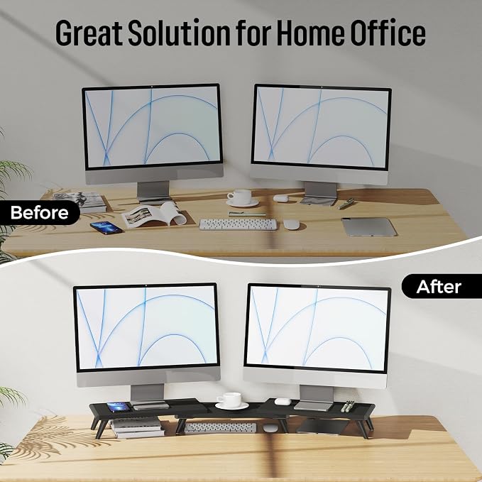 loukin Dual Monitor Stand Riser for Desk, 43.6"*8.2"*3.2" Large Computer Stand for 2 Monitors, Laptop, Printer, Length and Angle Adjustable Computer Shelf, Home Office,Max 43.6" Length(Black) - Image 8