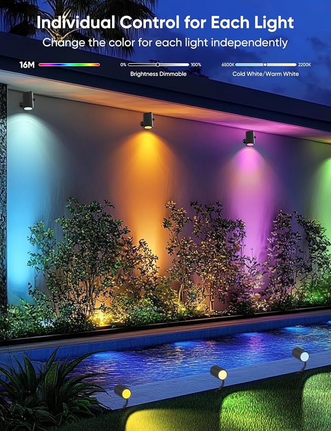 APPECK Smart Landscape Lighting Kit 36W, 6 Pack Outdoor Spot Lights RGBCW | Color Changing Landscape Lights, IP65 Waterproof, for Garden Pathway Yard, Daily Holiday Decor, Google Assitant Compatible - Image 4