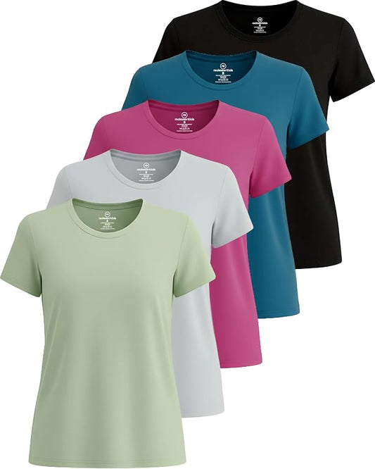 5 Pack Women's Dry Fit Short Sleeve Athletic Gym Workout Running Tops | Available in Plus Size, Exercise, Sports, Fitness, Quick Dry, Cooling, Moisture Wicking, Loose Basic Tees, Yoga, Pilates by RealEssentials
