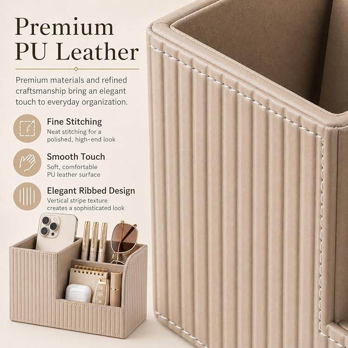 KINGFOM Desk Pen Organizer Office Supplies Caddy Pu Leather Multi-function Storage Box Pen/Pencil,Cell phone, Business Name Cards Remote Control Holder (Mocha Beige) - Image 4