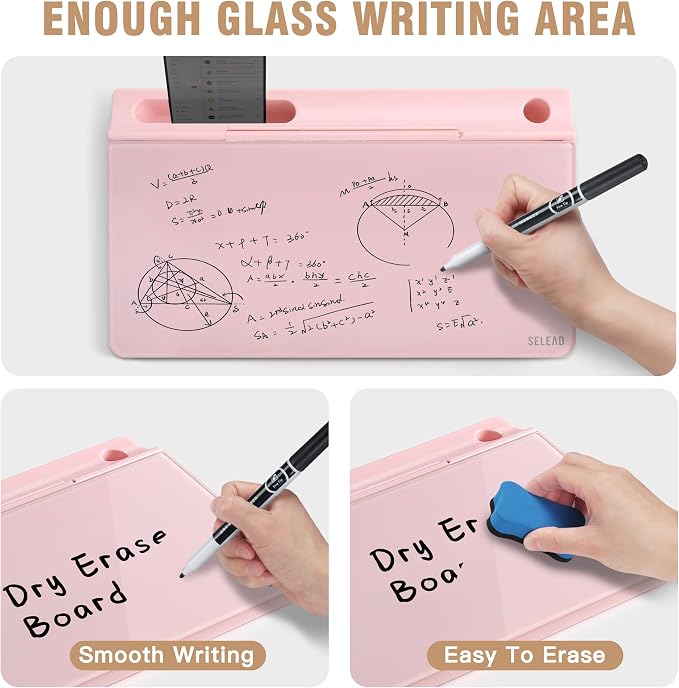 SELEAD Desktop Glass Whiteboard with Storage, Small Dry Erase White Board Computer Pad Keyboard Stand for Home, School, Office Desk Accessories - Pink - Image 3