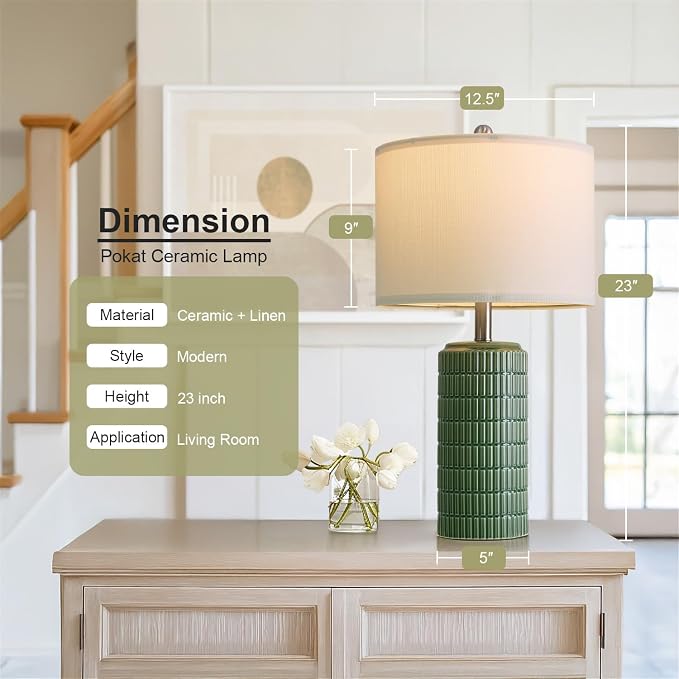 PoKat 24" Modern Ceramic Table Lamps Set of 2 for Bedroom, Green Bedside Lamps for Night Stands, Farmhouse House Decor Nightstand Table Lamps for Living Room End Table Green - Image 2