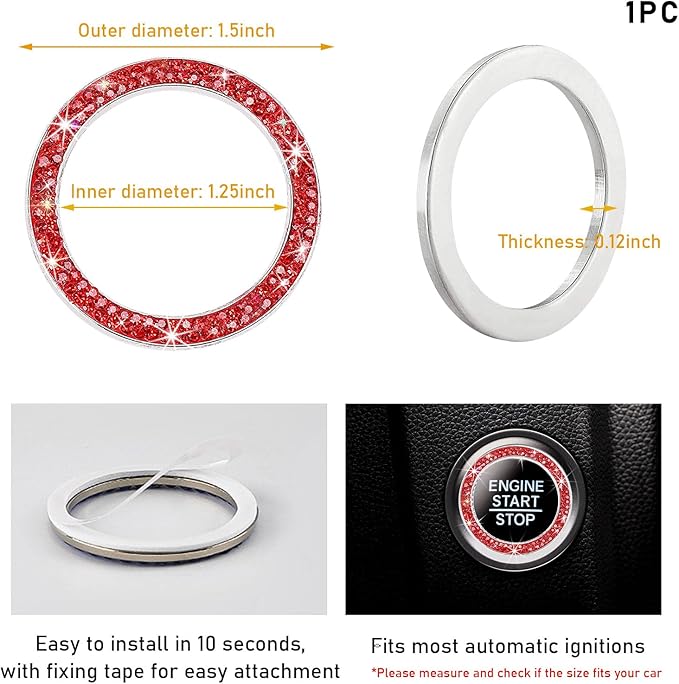 Kewucn Bling Crystal Double Rhinestone Car Engine Start Decoration Ring, Sparkling Push Start Button Sticker, Key Ignition & Knob Ring Decoration, Bling Car Interior Accessory(Red) - Image 2