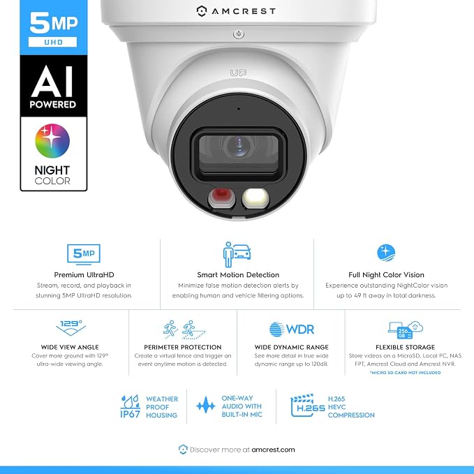 Amcrest 5MP AI Turret IP PoE Camera w/ 49ft Nightvision, Security IP Camera Outdoor, Built-in Microphone, Human & Vehicle Detection, Active Deterrent, 129° FOV, 5MP@20fps IP5M-T1277EW-AI - Image 2