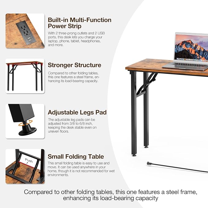 TEMI Small Computer Desk Folding Table - No Assembly, Compact 35.8" Foldable Desk with Power Outlets & USB Charging Port, Portable Small Office Desk, Ideal Mini Study Table for Narrow Spaces, Brown - Image 8