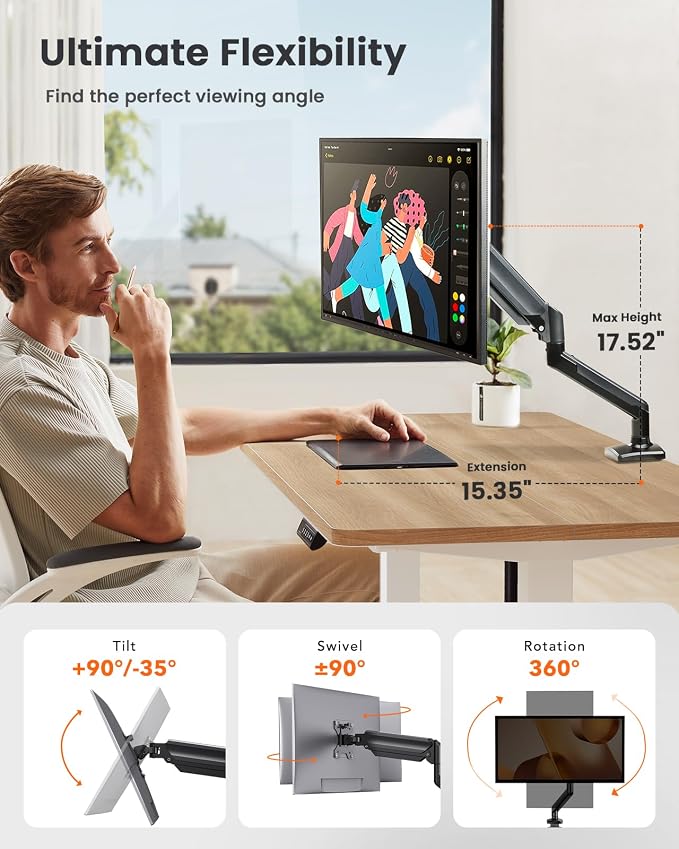 ErGear Single Monitor Arm for 13-36 Inch Screens, 22 lbs Capacity | Full-motion adjustment, C-clamp or grommet mounting, cable clips, 22 lbs support, ultrawide setup, VESA 75x75/100x100mm - Image 3